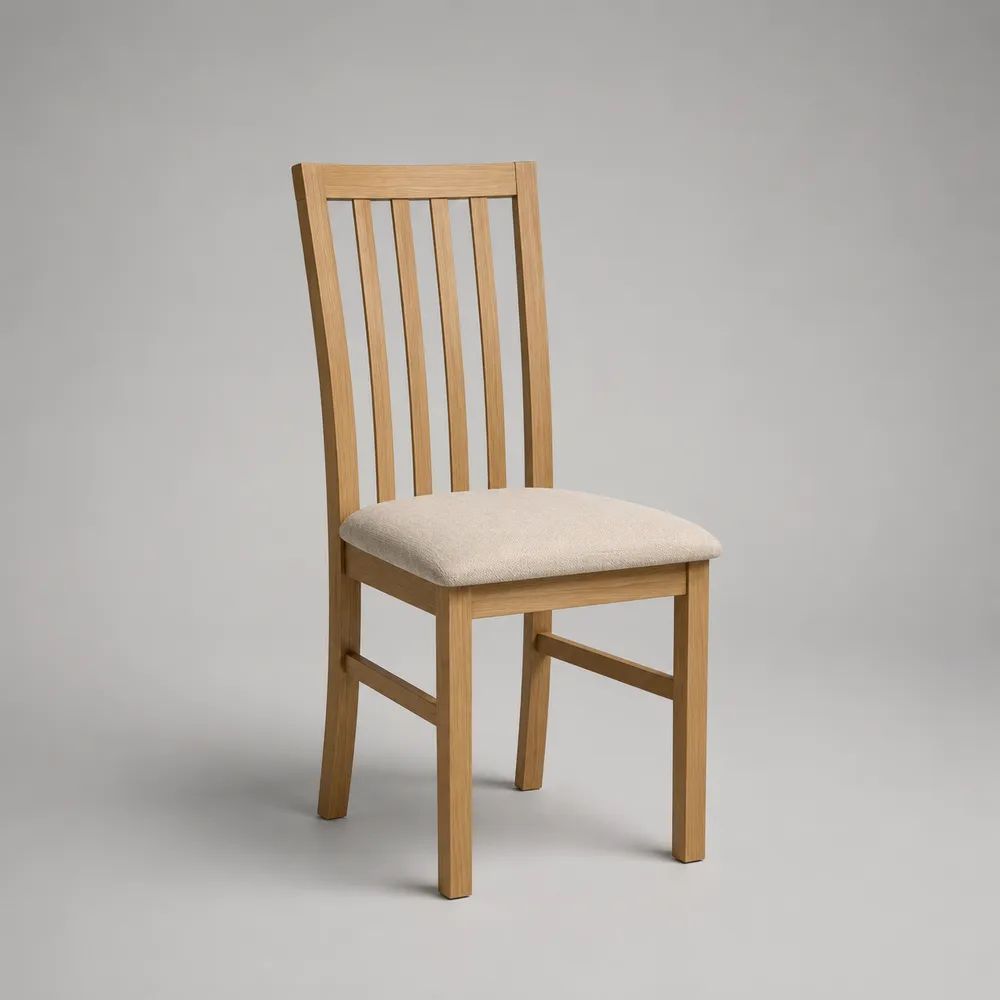 Chaise de salle à manger en chêne massif, assise rembourrée beige et dossier à barreaux, 46 × 52 × 98 cm
