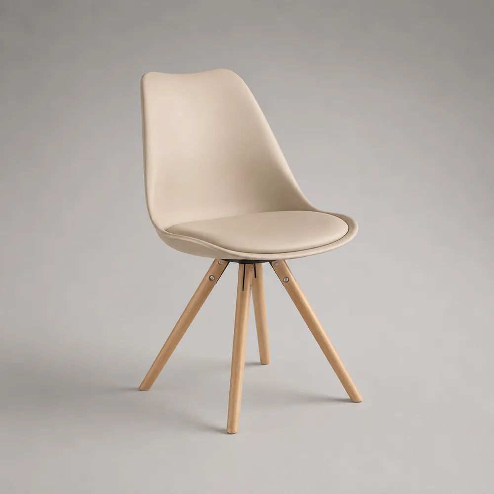 Chaise de salle à manger rembourrée en PU beige avec pieds en hêtre massif, 48 × 55 × 82 cm