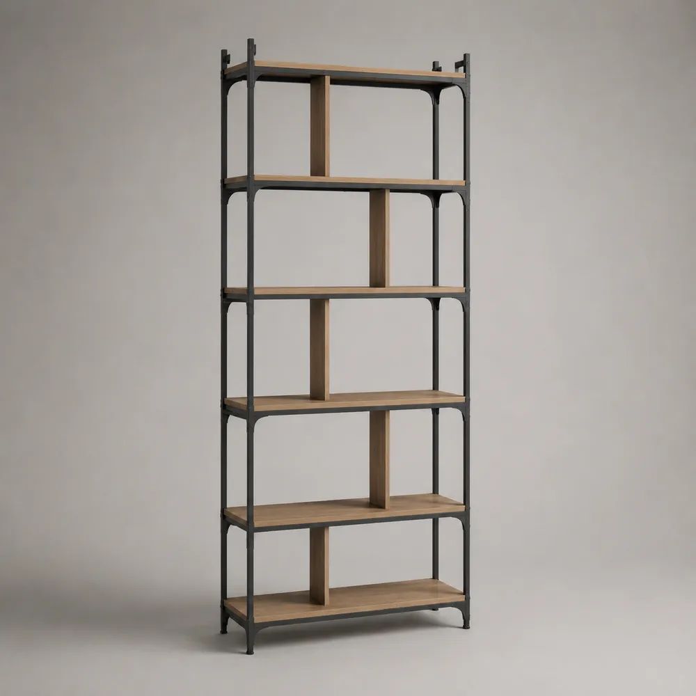Bibliothèque étagère rectangulaire à 6 niveaux en panneaux de particules et acier, chêne naturel et noir, 80 × 30 × 180 cm