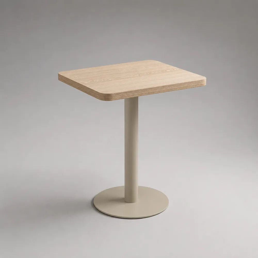 Table à manger carrée 2 personnes en contreplaqué plaqué chêne et acier beige, 60 × 60 × 75 cm