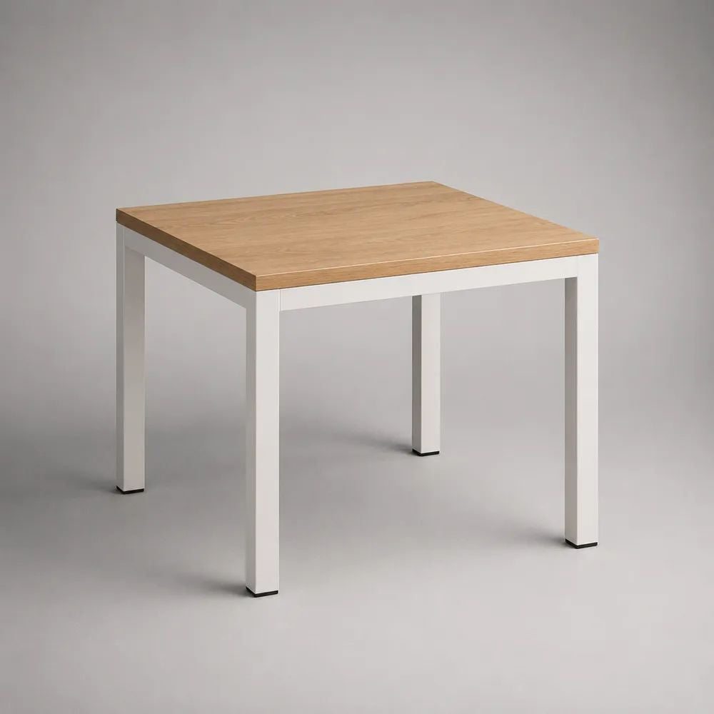 Table à manger carrée 4 places en panneau MDF plaqué chêne clair et acier blanc, 80 x 80 x 75 cm