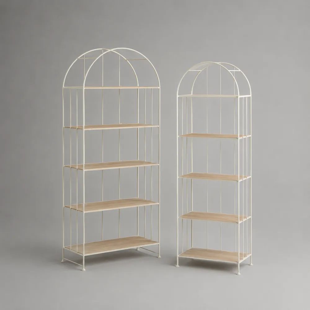 Lot de 2 bibliothèques à 5 niveaux en acier et MDF, forme arche, blanc cassé et chêne clair, 85 x 30 x 180 cm et 60 x 30 x 160 cm