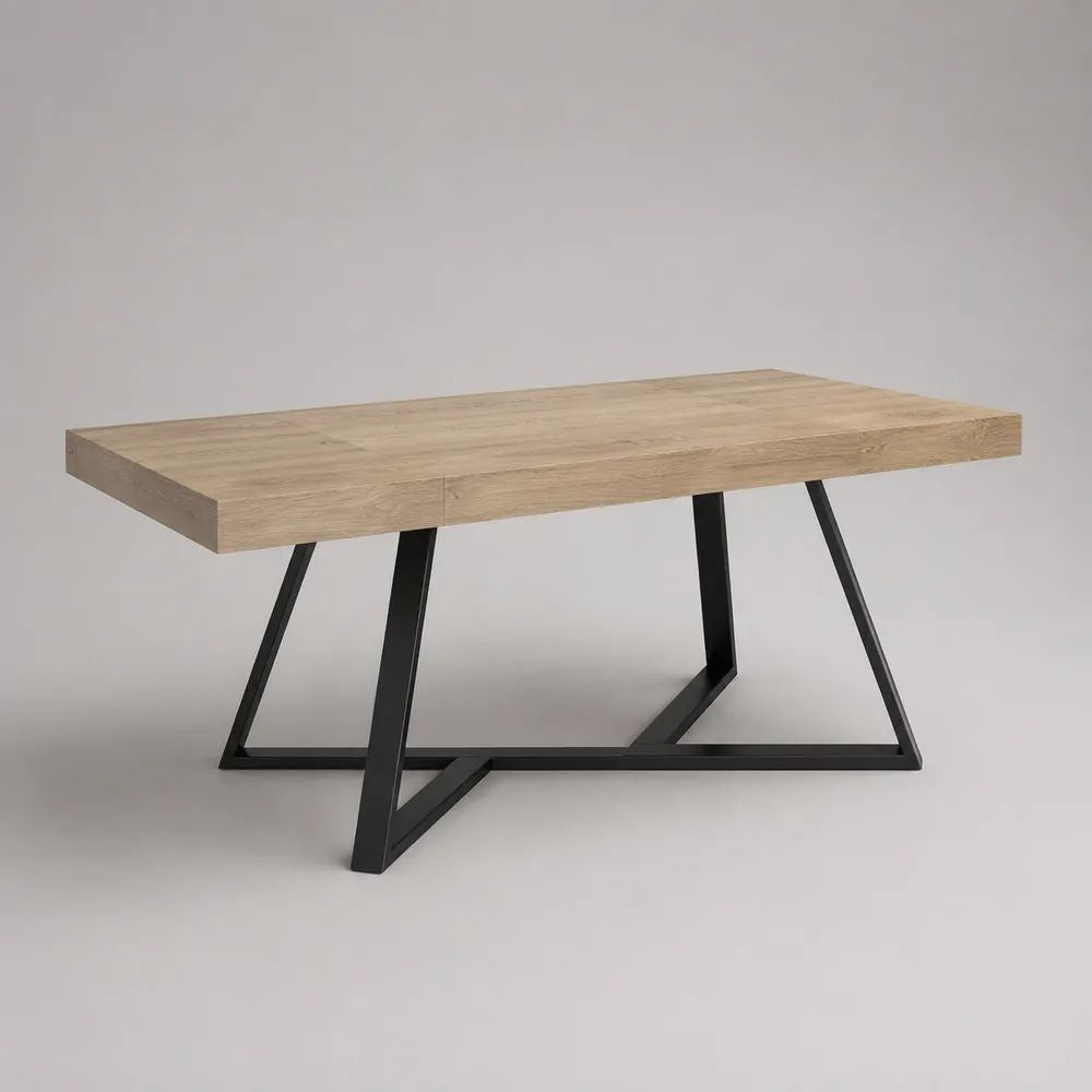 Table à manger rectangulaire 6 personnes, plateau MDF plaqué chêne naturel et pieds en acier noir, 180 × 90 × 76 cm