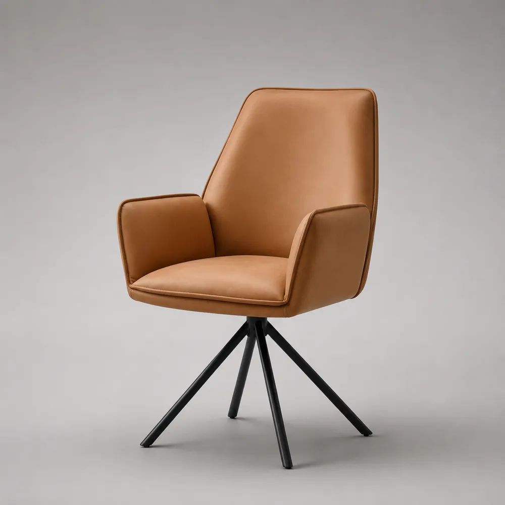 Chaise de salle à manger pivotante avec accoudoirs en similicuir marron cognac et acier noir, 60 × 62 × 88 cm