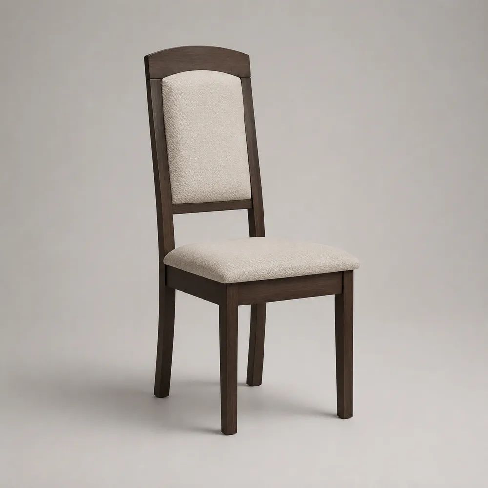 Chaise de salle à manger rembourrée en bois et tissu, dossier haut, brun foncé et beige, 45 × 52 × 98 cm