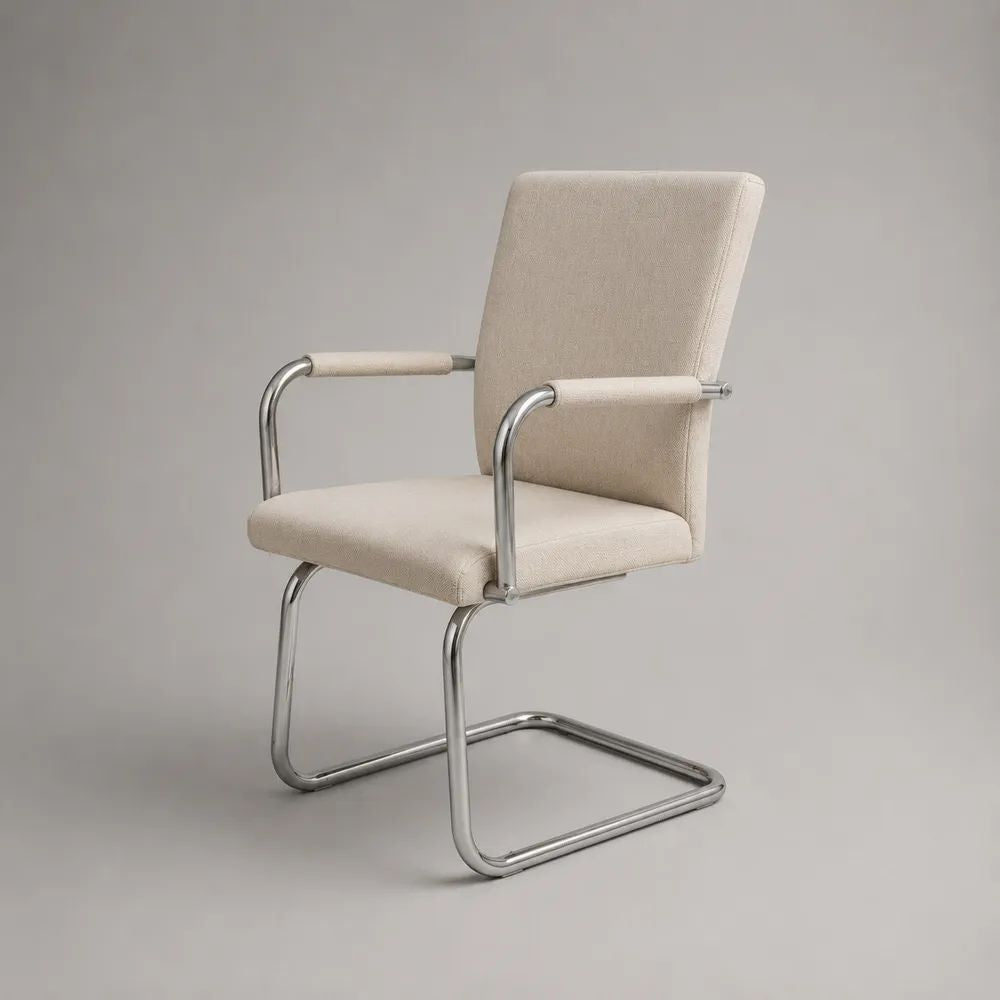 Chaise de salle à manger avec accoudoirs, piètement luge en métal, revêtement en tissu beige, 55 × 58 × 87 cm