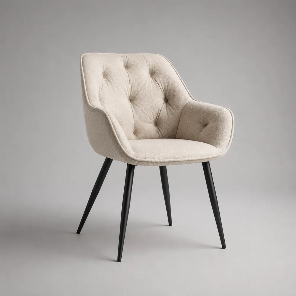 Chaise de salle à manger avec accoudoirs en tissu bouclé beige et pieds en acier noir, 59 × 61 × 83 cm