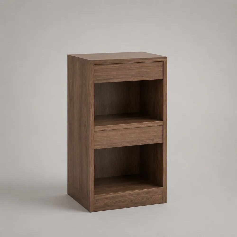 Bibliothèque étroite en panneaux de particules, 2 niches et 2 tiroirs, brun noyer, 40 × 35 × 80 cm