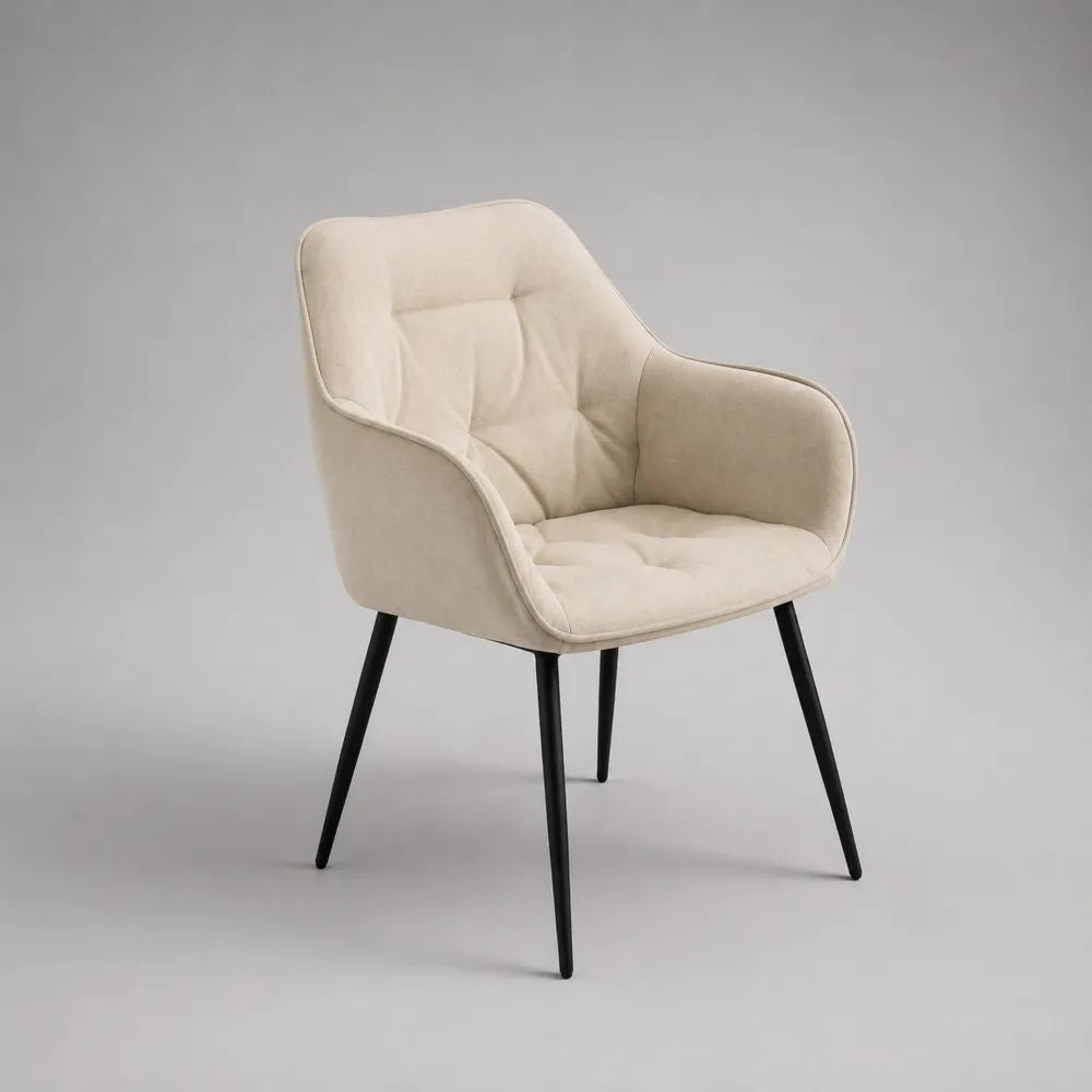 Chaise avec accoudoirs en tissu velours beige et pieds en acier noir, 60 × 62 × 84 cm