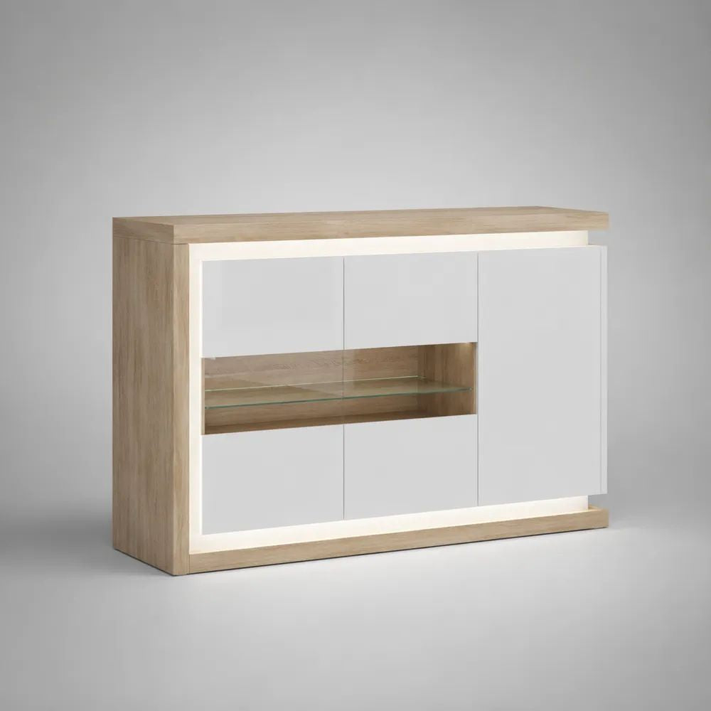 Commode basse avec 4 tiroirs, 1 porte, niche vitrée et éclairage LED, panneaux de particules et MDF, chêne clair et blanc, 120 × 40 × 85 cm