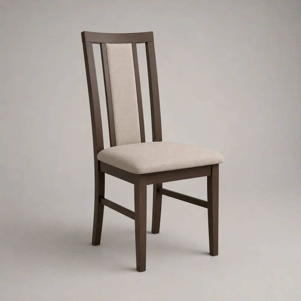 Chaise de salle à manger en bois et tissu beige, structure brune, 45 × 52 × 98 cm
