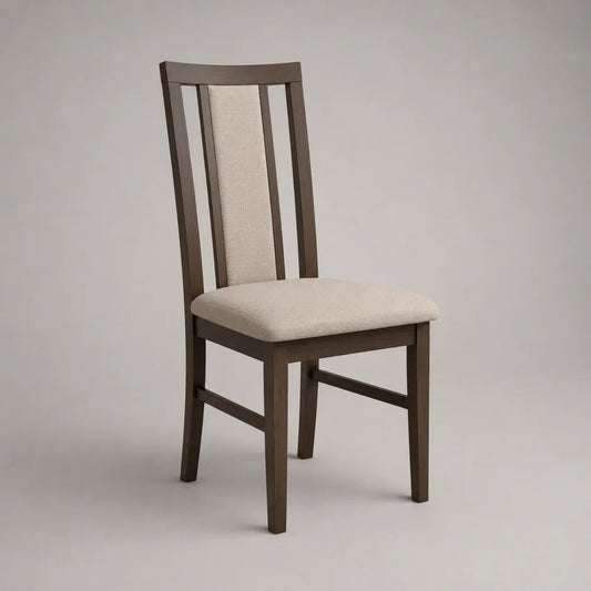 Chaise de salle à manger en bois et tissu beige, structure brune, 45 × 52 × 98 cm