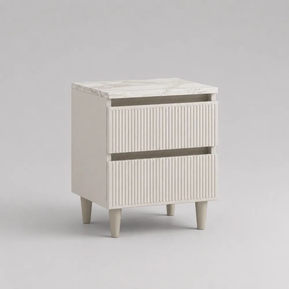 Table de chevet blanche à 2 tiroirs en MDF avec plateau effet marbre blanc et gris, 40 x 35 x 50 cm