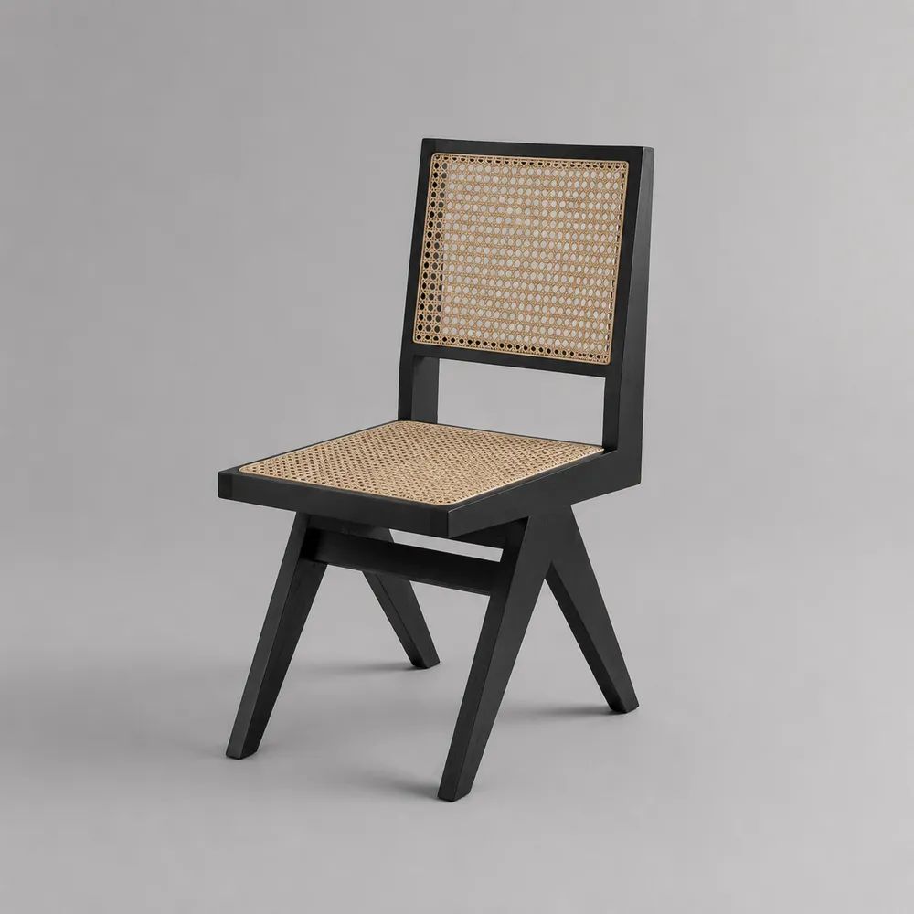 Chaise de salle à manger en bois massif et cannage en rotin naturel, noir/naturel, 48 × 52 × 84 cm