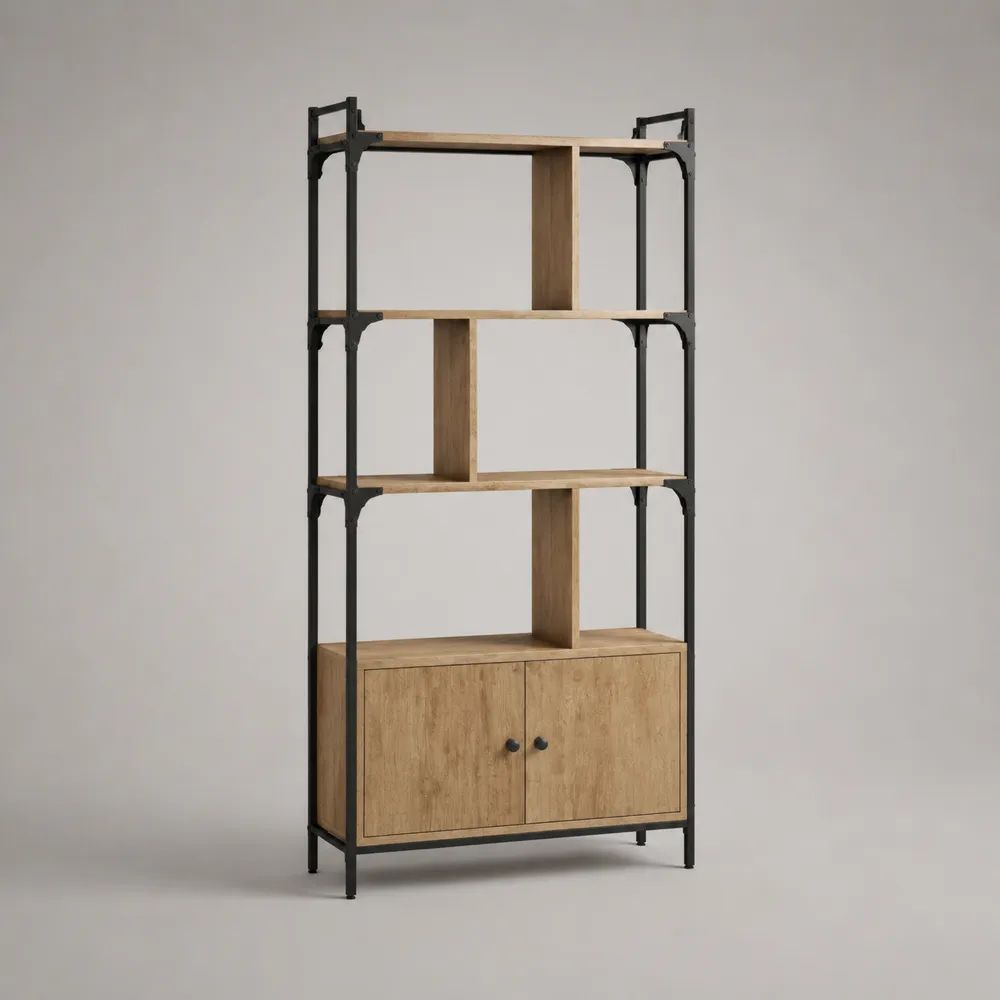 Bibliothèque avec armoire à 4 niveaux en bois et acier, chêne naturel et noir, 90 × 35 × 180 cm