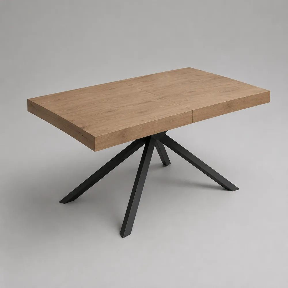 Table à manger extensible rectangulaire en MDF plaqué chêne et acier noir, 160-200 x 90 x 76 cm
