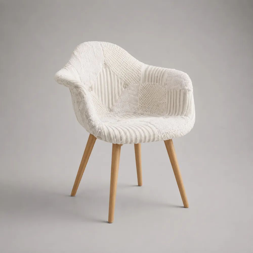 Chaise de salle à manger avec accoudoirs, dossier arrondi, tissu patchwork blanc cassé et pieds en bois, 60 × 58 × 82 cm