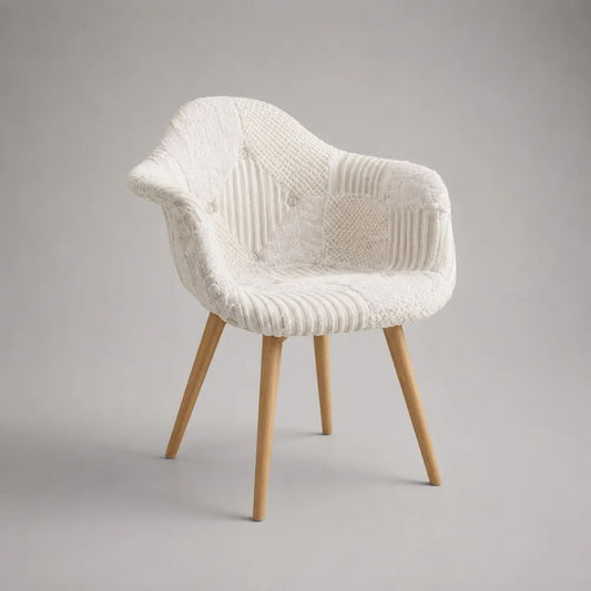 Chaise de salle à manger avec accoudoirs, dossier arrondi, tissu patchwork blanc cassé et pieds en bois, 60 × 58 × 82 cm