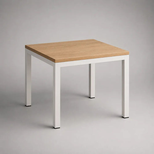 Table à manger carrée 4 places en panneau MDF plaqué chêne clair et acier blanc, 80 x 80 x 75 cm