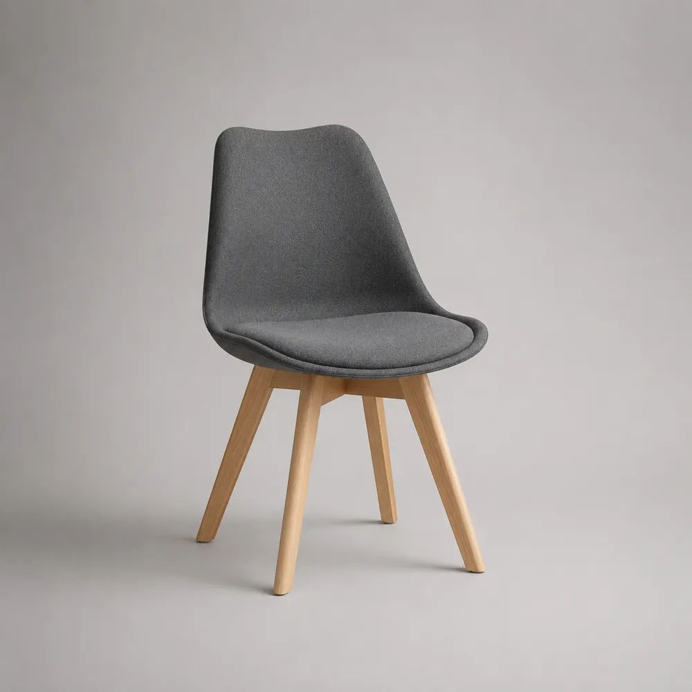 Chaise de salle à manger rembourrée en polyester gris avec dossier incurvé et pieds en hêtre massif, 48 × 55 × 84 cm