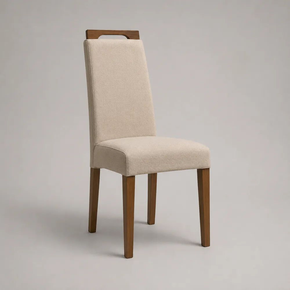 Chaise de salle à manger rembourrée à dossier haut en tissu beige et bois brun noyer, 46 x 56 x 98 cm