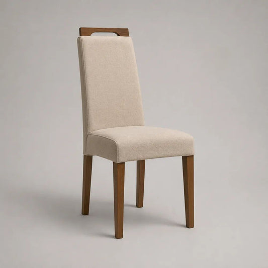 Chaise de salle à manger rembourrée à dossier haut en tissu beige et bois brun noyer, 46 x 56 x 98 cm