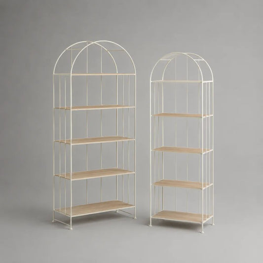 Lot de 2 bibliothèques à 5 niveaux en acier et MDF, forme arche, blanc cassé et chêne clair, 85 x 30 x 180 cm et 60 x 30 x 160 cm