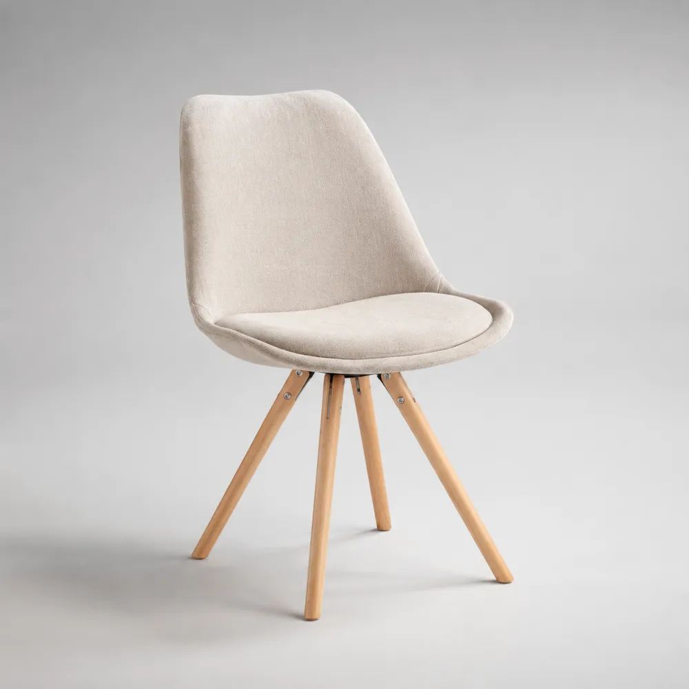 Chaise de salle à manger à dossier arrondi en polyester beige et hêtre massif, 49 × 54 × 82 cm