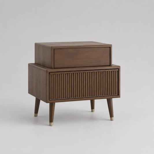 Table de chevet rectangulaire en bois à 2 tiroirs, marron noyer et laiton, 60 × 40 × 55 cm