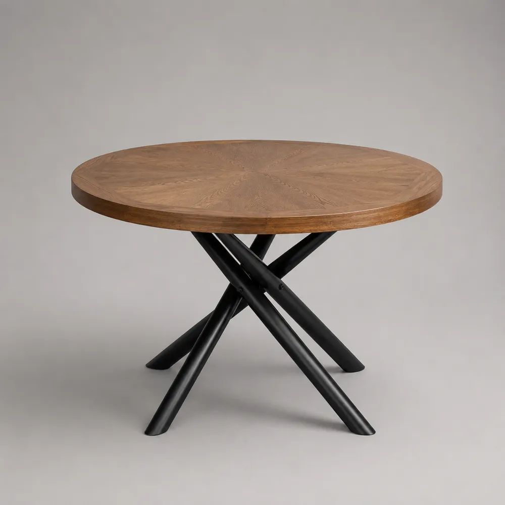 Table à manger ronde en MDF plaqué chêne brun avec pieds en acier noir, Ø 120 × H 76 cm