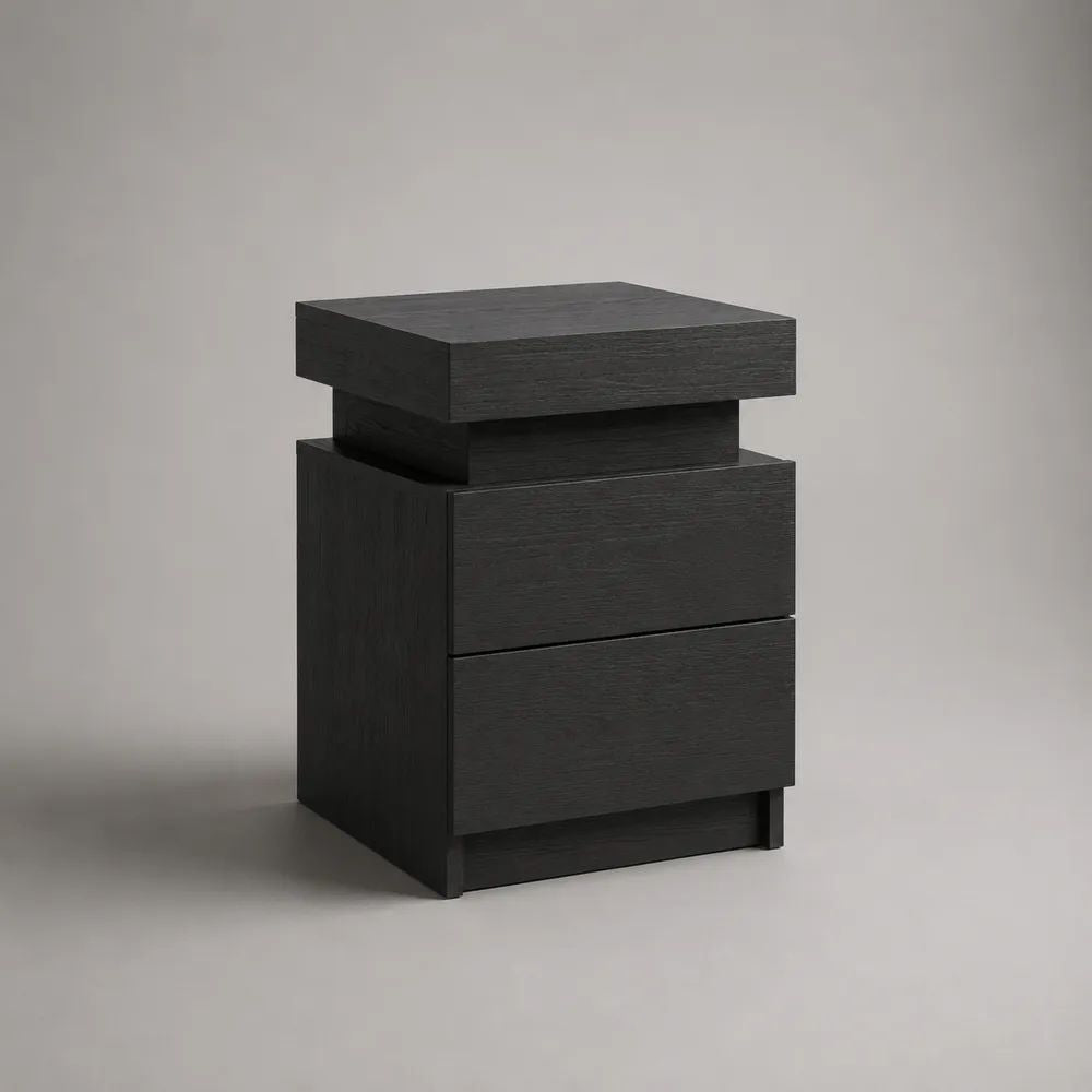 Table de chevet noire rectangulaire en panneaux de particules mélaminés, 2 tiroirs et niche ouverte, 40 × 35 × 60 cm