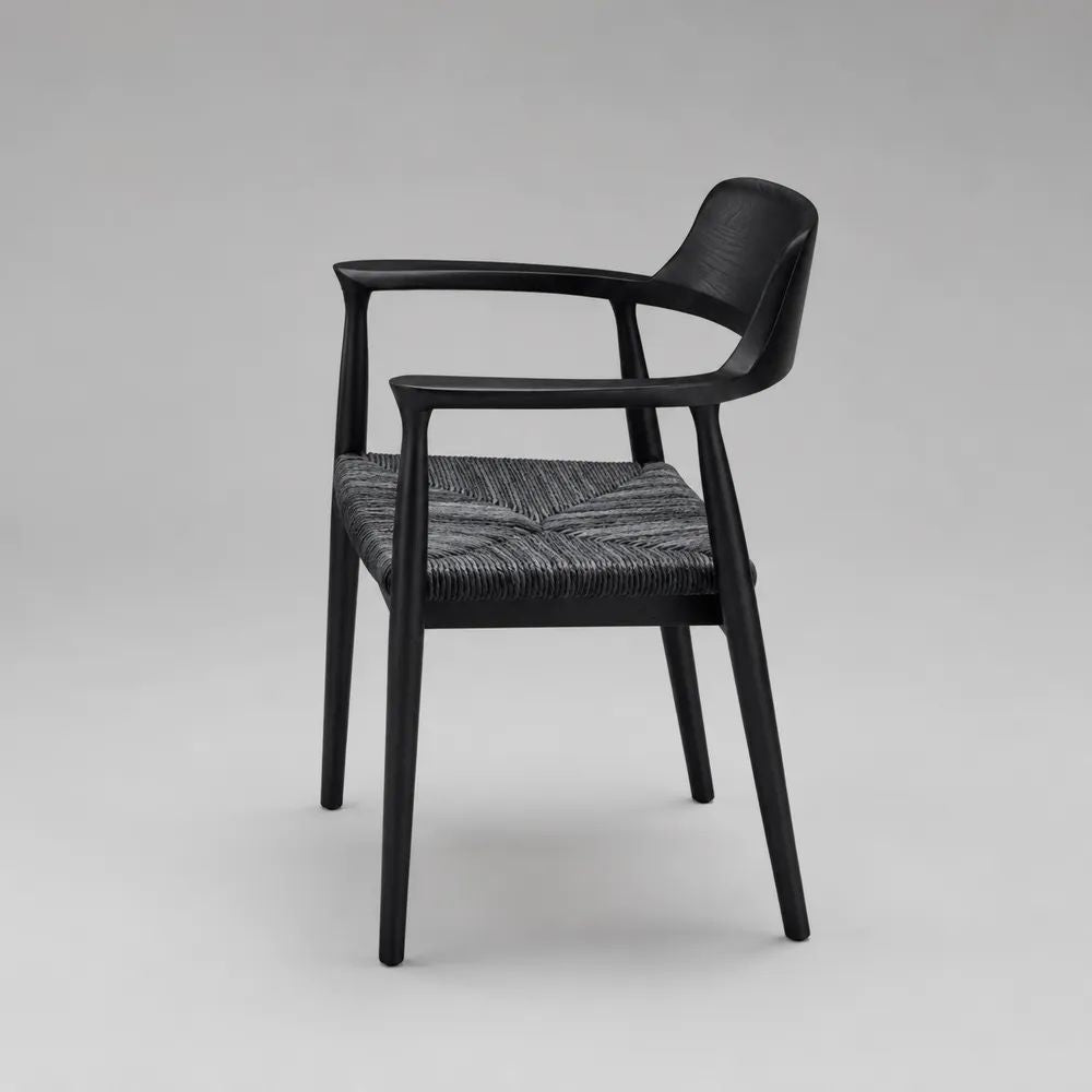 Fauteuil de salle à manger en frêne massif noir avec assise en corde de papier grise, 56 × 56 × 80 cm