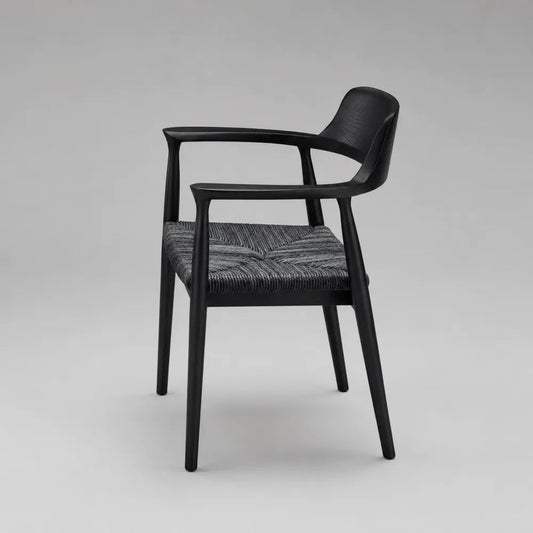 Fauteuil de salle à manger en frêne massif noir avec assise en corde de papier grise, 56 × 56 × 80 cm