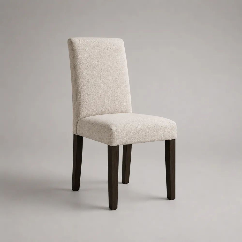 Chaise de salle à manger rembourrée en polyester beige avec pieds en bois massif brun foncé, 47 × 56 × 98 cm