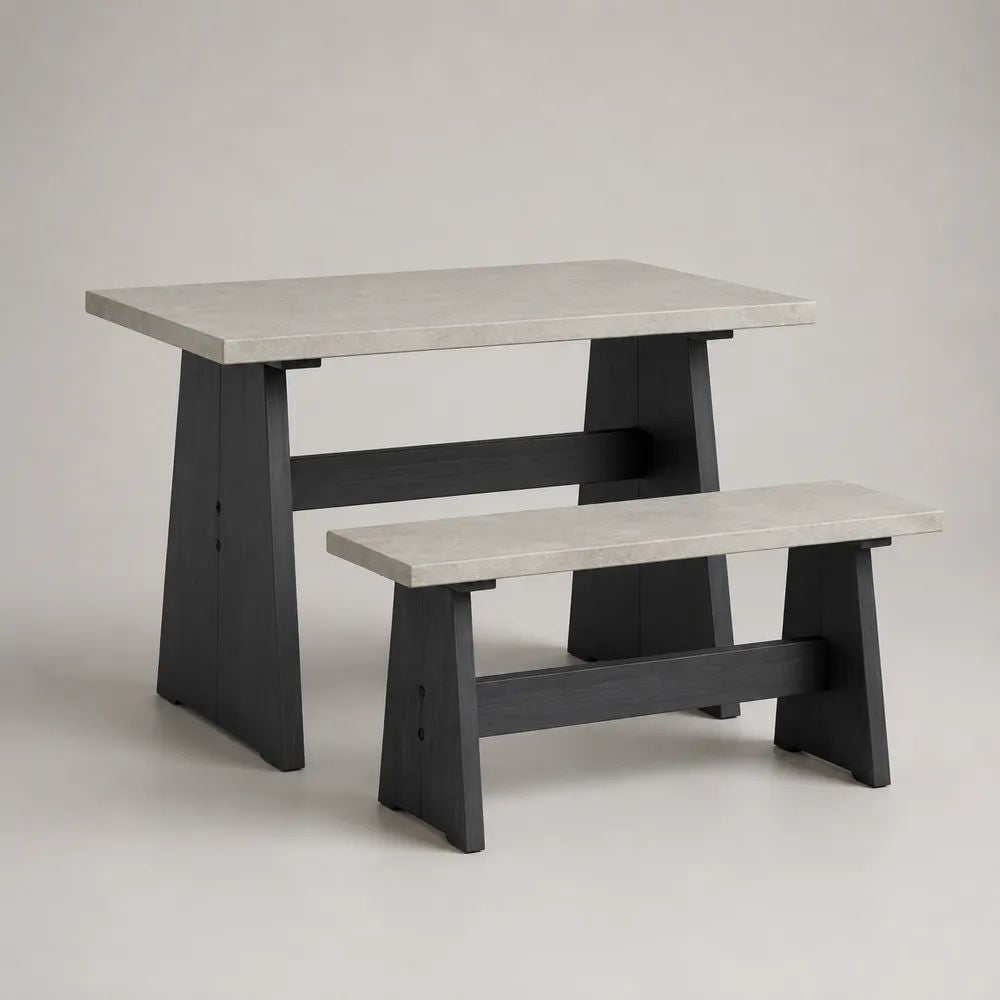Ensemble de jardin 2 pièces avec table rectangulaire et banc en fibrociment et bois gris/noir – table 120 × 70 × 75 cm, banc 100 × 35 × 45 cm