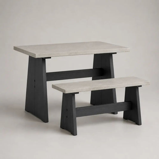 Ensemble de jardin 2 pièces avec table rectangulaire et banc en fibrociment et bois gris/noir – table 120 × 70 × 75 cm, banc 100 × 35 × 45 cm