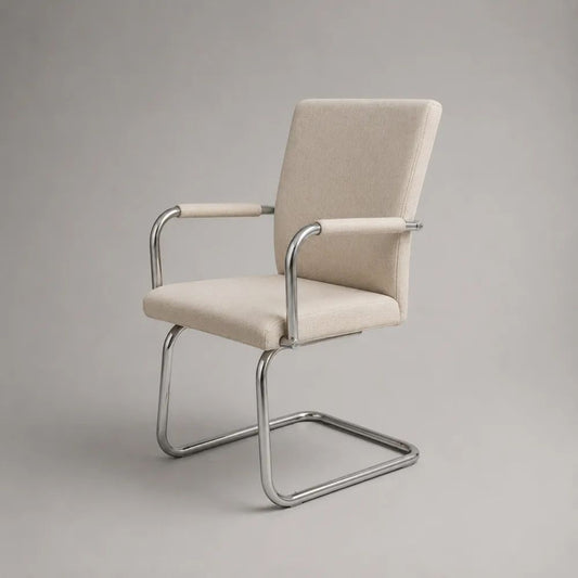 Chaise de salle à manger avec accoudoirs, piètement luge en métal, revêtement en tissu beige, 55 × 58 × 87 cm