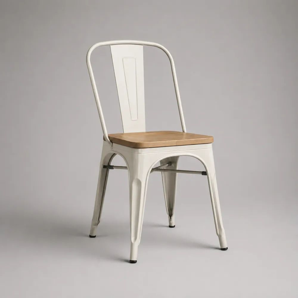 Chaise en acier blanc avec assise en bois naturel et dossier arrondi, 45 × 51 × 85 cm