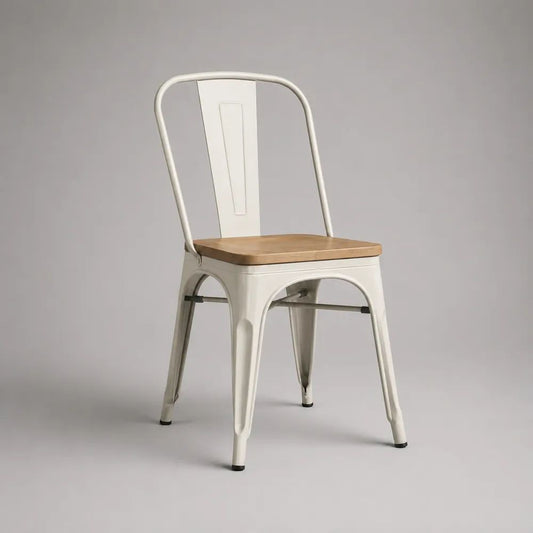 Chaise en acier blanc avec assise en bois naturel et dossier arrondi, 45 × 51 × 85 cm