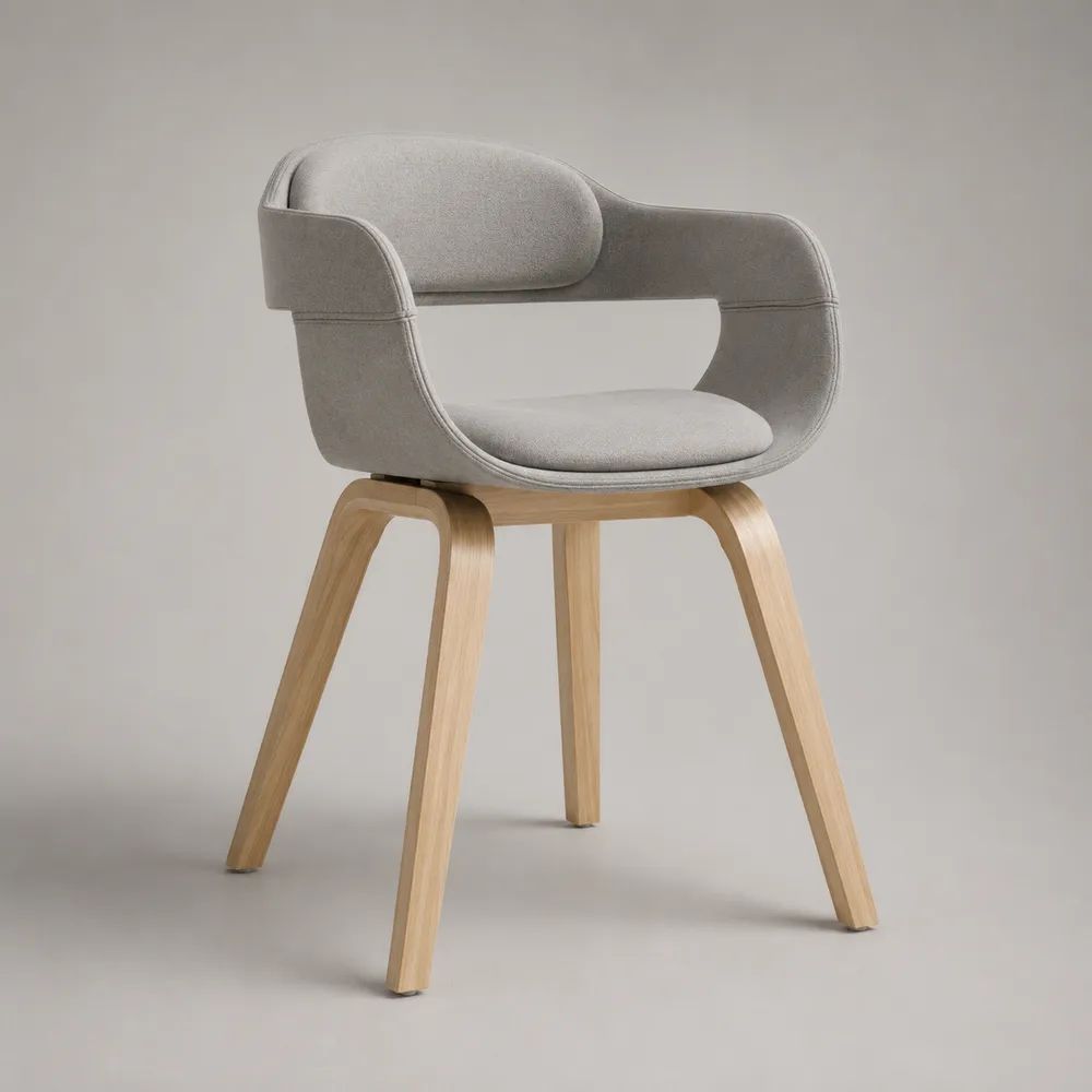 Chaise rembourrée en tissu gris clair avec accoudoirs incurvés et pieds en bois, 58 × 57 × 78 cm