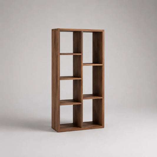 Bibliothèque ouverte rectangulaire à 7 niches en panneaux de particules mélaminés décor noyer marron, 80 × 30 × 180 cm